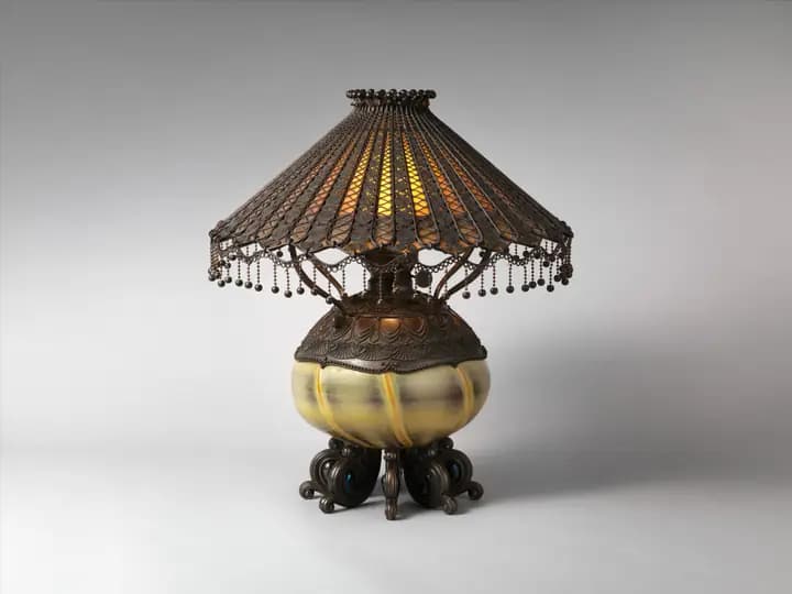 Table lamp with a leaded-glass shade